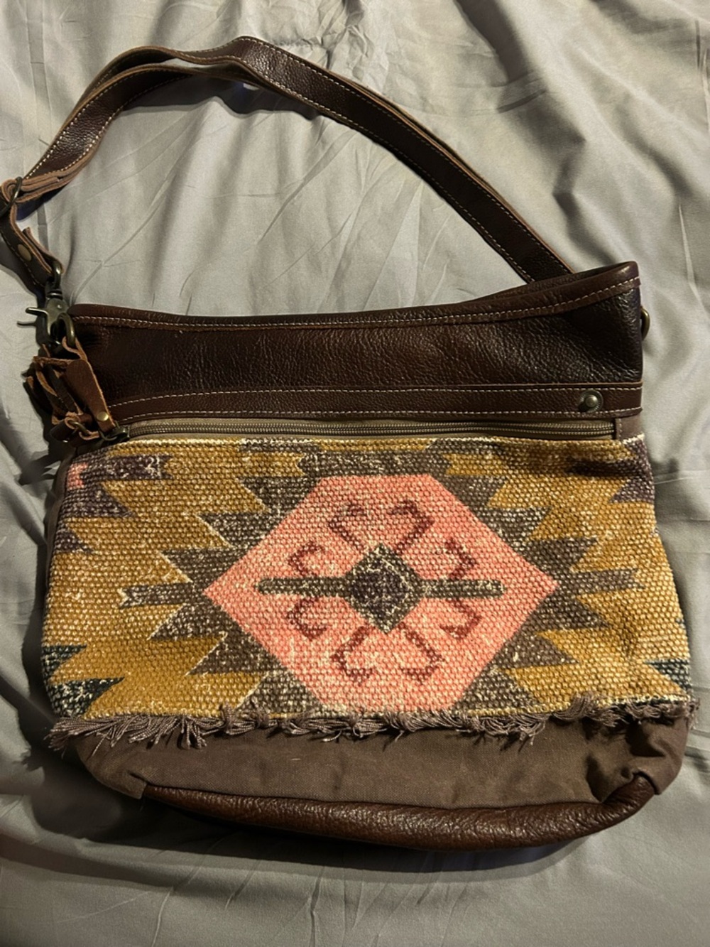 Myra Bag Brown Leather-Trim Shoulder Bag with Pink Aztec Panel